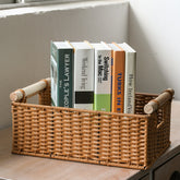 Luxury plastic rattan organizer basket with solid wood handles, combining elegance, durability, and functionality for home or office.